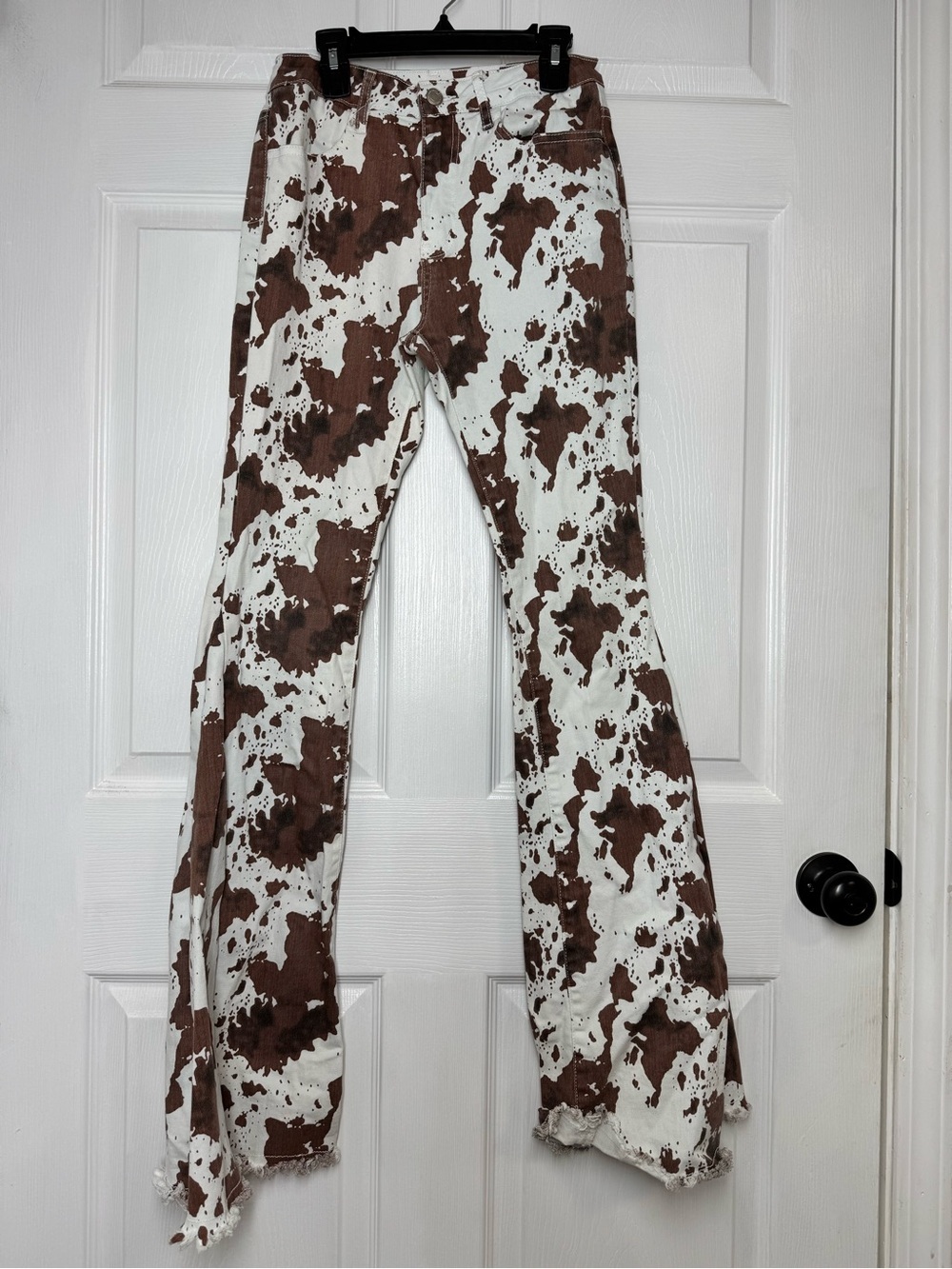 Cow Print Button Accent Jeans — Brown on White